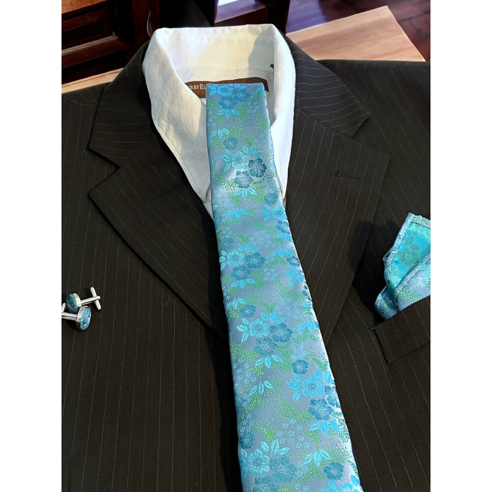Men’s 3 Piece Tie Set Teal Cyan Tie Pocket Square Cufflinks